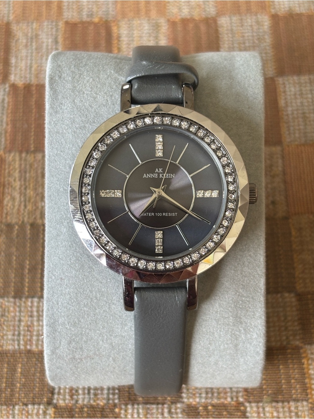 Anne Klein Rhinestone Bezel Watch Iridescent Dial Time Round Face Leather Strap
